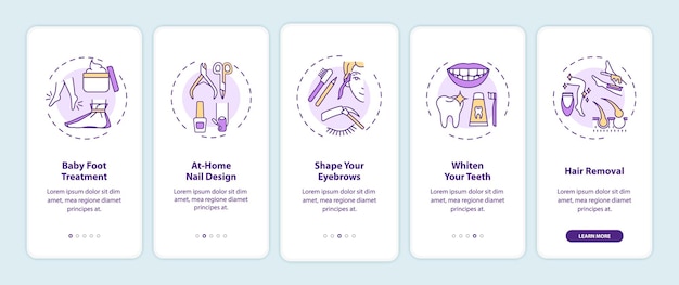 Procedimientos de belleza en el hogar que incorporan la pantalla de la página de la aplicación móvil con conceptos. Tratamiento de pies de bebé, tutorial de diseño de uñas, instrucciones gráficas de 5 pasos. Plantilla de interfaz de usuario con ilustraciones en color RGB