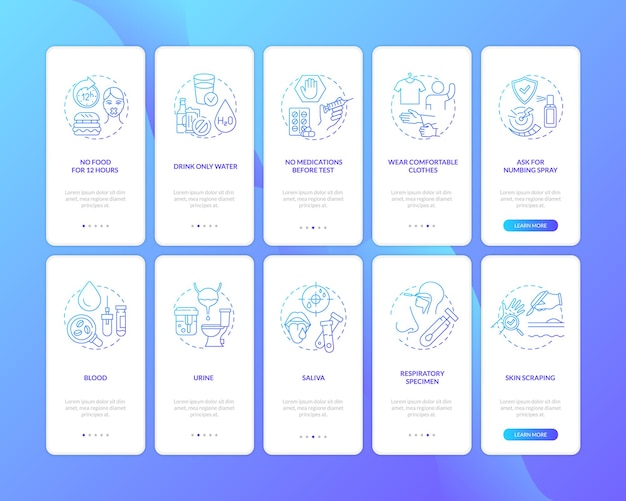 Procedimientos de diagnóstico de laboratorio que incorporan la pantalla de la página de la aplicación móvil con el conjunto de conceptos. tutorial de examen de salud instrucciones gráficas de 5 pasos. plantilla de interfaz de usuario con ilustraciones en color rgb