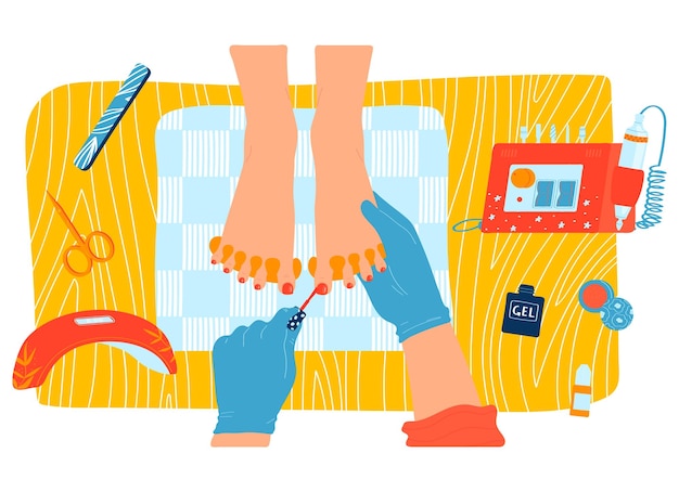 Procedimientos de pedicura de belleza femenina mujer cuida las uñas de los pies salón de spa estilo de dibujos animados ilustración vectorial aislado en blanco