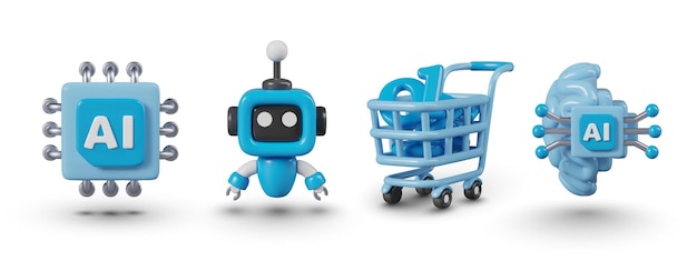 Procesador 3D mini robot carrito de compras con números circuito electrónico integrado en el cerebro