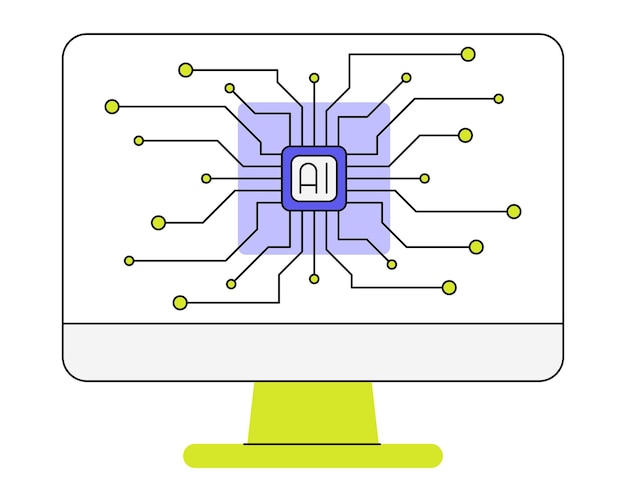 Procesador de chip de inteligencia artificial en la ilustración vectorial plana de la computadora Tecnología de IA