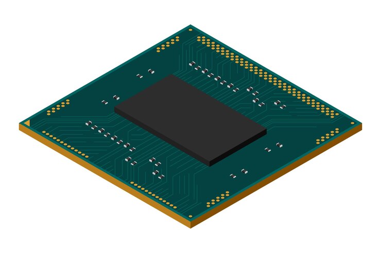 Vector procesador isométrico unidad central de procesamiento o cpu componentes de hardware de computadora concepto de tecnología de semiconductores ilustración vectorial