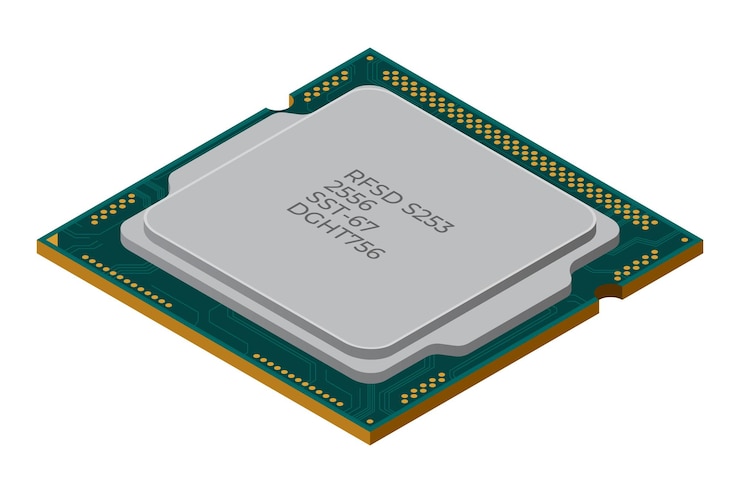 Vector procesador isométrico unidad central de procesamiento o cpu componentes de hardware de computadora concepto de tecnología de semiconductores ilustración vectorial