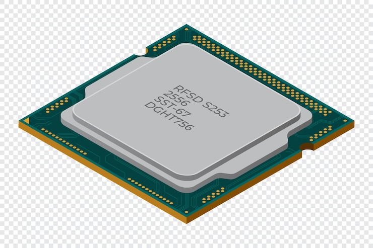 Vector procesador isométrico unidad central de procesamiento o cpu componentes de hardware de computadora concepto de tecnología de semiconductores ilustración vectorial