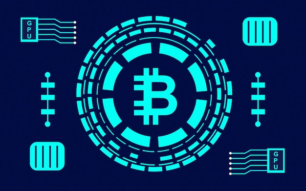 Procesamiento de Bitcoin con chipset GPU en el concepto de base de datos de fondo azul