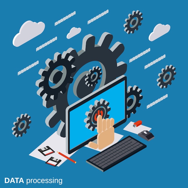Procesamiento de datos, ilustración de concepto de vector plano isométrico de computación en la nube