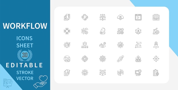 Procesamiento de flujo de trabajo Operación Iconos de línea Configuración de presentación Sitio web Estrategia de planificación de negocios
