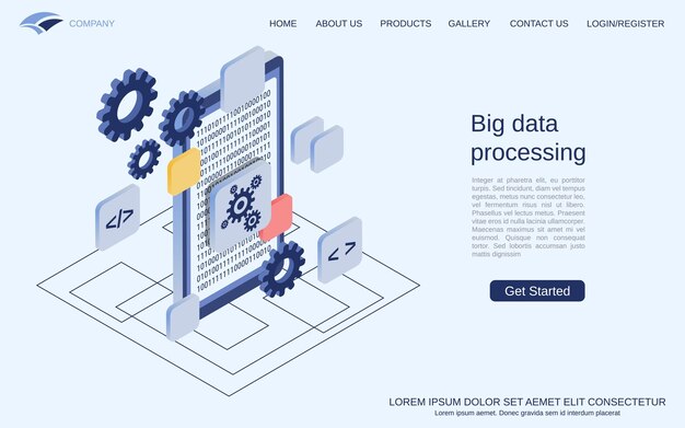 Procesamiento de grandes datos, computación de información ilustración de concepto de vector isométrico 3d plano