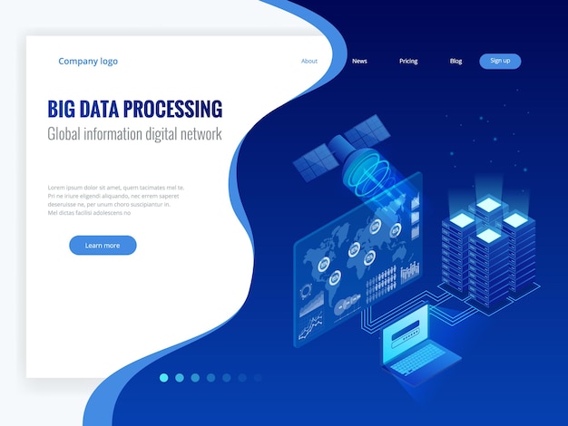 Procesamiento isométrico de datos grandes, concepto de red digital de información global, centro de datos, base de datos, tecnología de información digital. Plantillas de banners de sitios web.