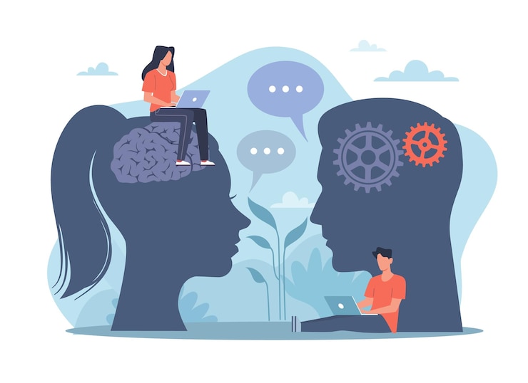 Vector procesamiento del lenguaje natural o programación neurolingüística tecnología de inteligencia artificial cabeza con cerebros y engranajes personas estudian en línea concepto de nlp plano de dibujos animados vectorial
