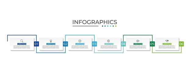 Procesar infografía de negocios línea delgada con diseño de plantilla cuadrada con iconos y 6 opciones o pasos