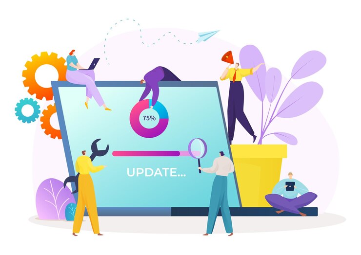 Vector proceso de actualización del sistema, progreso del software digital en la ilustración del dispositivo digital
