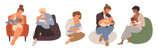 Proceso de alimentación del bebé Los padres y las madres alimentan a los niños Los padres sentados en sillones Las madres y los padres cuidan de los niños La lactancia materna de los niños pequeños La lactancia mamaria Bottle de leche Conjunto de vectores llamativos