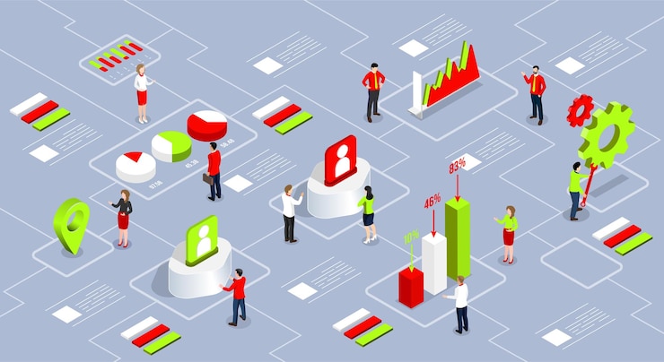 Vector proceso de análisis comercial que trabaja con una gran base de datos en el sistema del centro de datos