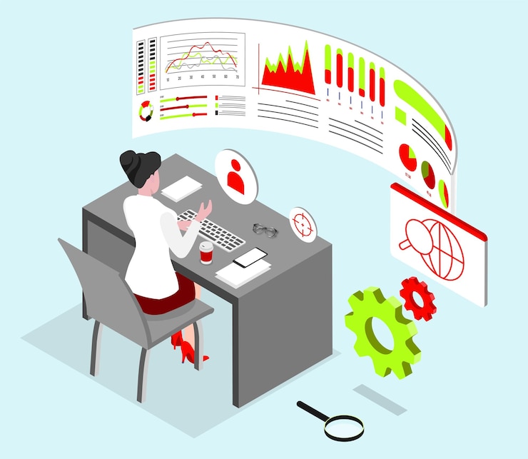 Vector proceso de análisis comercial que trabaja con una gran base de datos en el sistema del centro de datos
