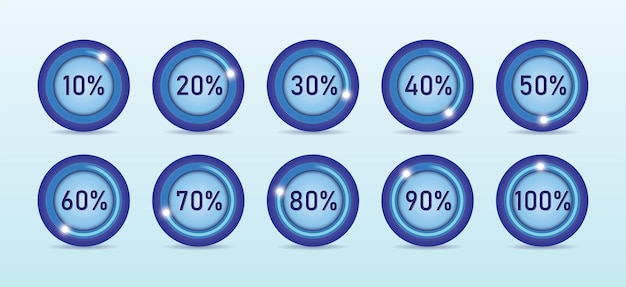 Proceso de carga en diferentes porcentajes de ilustración de vector de forma redonda en fondo azul claro.
