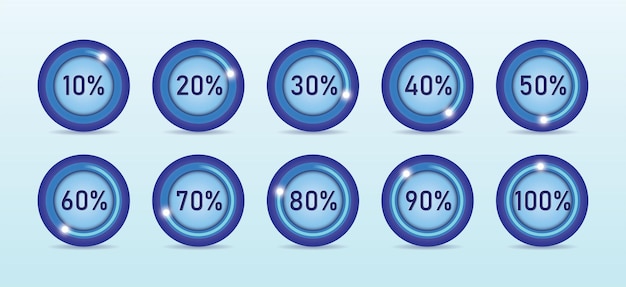 Proceso de carga en diferentes porcentajes de ilustración de vector de forma redonda en fondo azul claro.