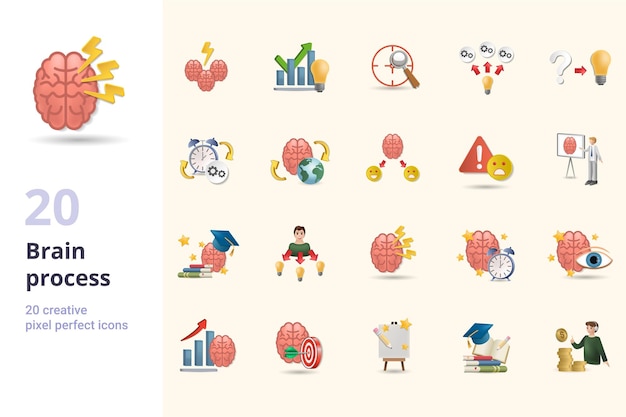 Proceso cerebral establece iconos creativos soluciones de lluvia de ideas