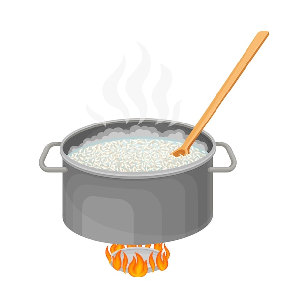 Vector proceso de cocción del arroz con mezcla de grano en una sartén de pie en la ilustración vectorial del quemador