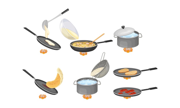 Proceso de cocción con un conjunto vectorial de arroz hirviendo y panqueques fritos