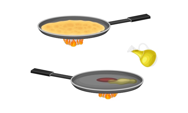 Proceso de cocción de panqueques conjunto cocción de pancakes en sartén en la ilustración vectorial del quemador