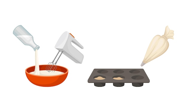 Proceso de cocción y preparación de alimentos con utensilios de cocina y conjunto vectorial de ingredientes