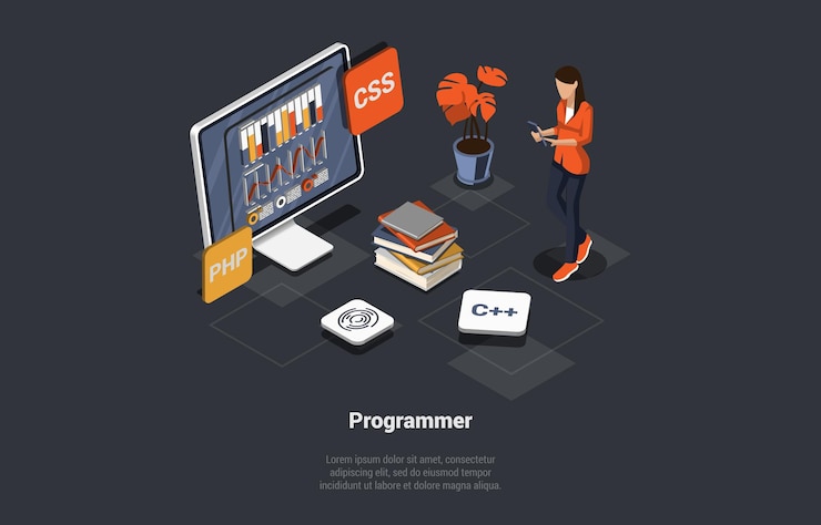 Vector proceso de codificación de desarrollo de software el programador o desarrollador web está codificando una aplicación utilizando la pantalla del lenguaje de programación css con gráfico y script mujer codificadora ingeniera isométrica ilustración vectorial 3d