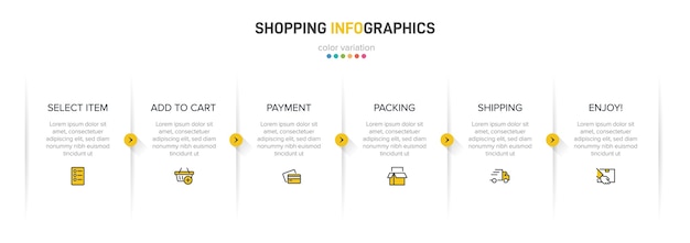 Proceso de compra con 6 pasos sucesivos en la línea de tiempo. seis elementos infográficos coloridos