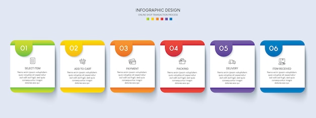 Proceso de compra online con 6 pasos. Plantilla de infografía de proceso de línea de tiempo de negocios de pasos