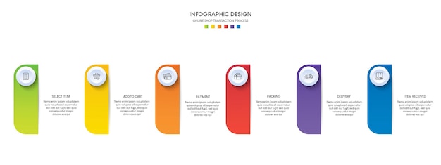 Proceso de compra online con 6 pasos. plantilla de infografía de proceso de línea de tiempo de negocios de pasos
