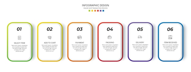 Proceso de compra online con 6 pasos. Plantilla de infografía de proceso de línea de tiempo de negocios de pasos