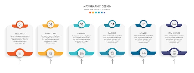 Proceso de compra online con 6 pasos. plantilla de infografía de proceso de línea de tiempo de negocios de pasos