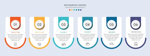 Proceso de compra online con 6 pasos. plantilla de infografía de proceso de línea de tiempo de negocios de pasos