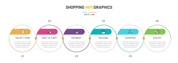 Proceso de compra con sucesivos pasos cronológicos. seis elementos infográficos coloridos