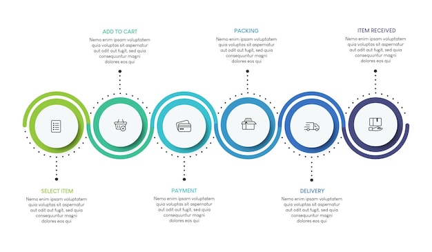 Proceso de compras en línea con 6 pasos plantilla de infografía de proceso de línea de tiempo empresarial de pasos