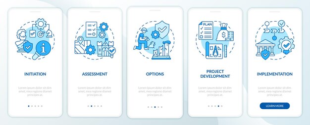 Proceso de conservación del patrimonio Pantalla de la aplicación móvil de incorporación azul Tutorial 5 pasos páginas de instrucciones gráficas con conceptos lineales UI UX Plantilla de GUI Myriad ProBold Fuentes regulares utilizadas