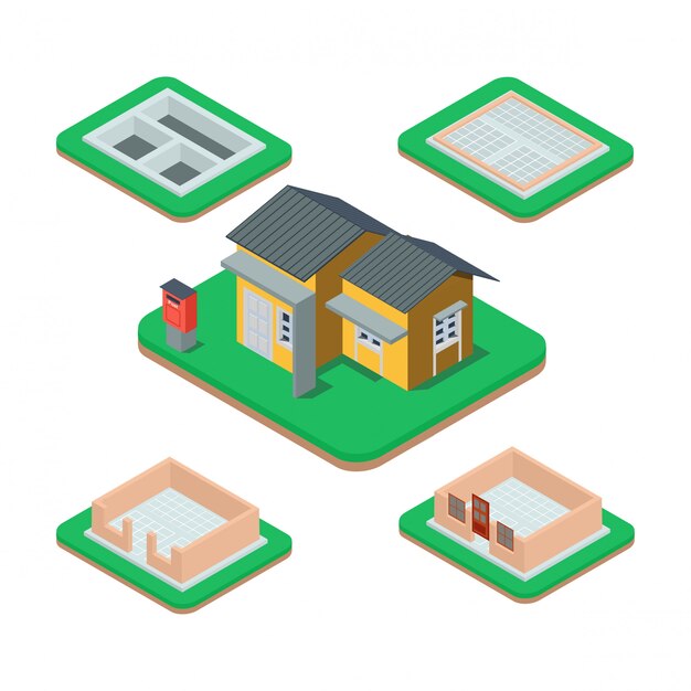 Vector proceso de construcción de casas isométricas.