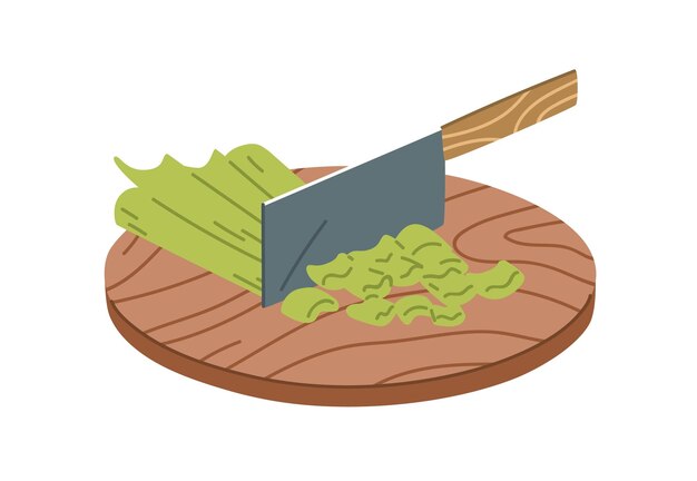 Proceso de cortar apio crudo fresco con un cuchillo de metal afilado Cortar ingrediente vegetal para cocinar en tabla de cocina de madera Ilustración vectorial plana aislada sobre fondo blanco