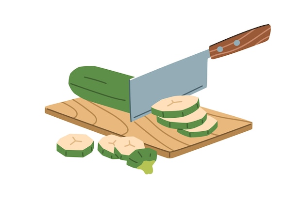 Proceso de cortar calabazas en rebanadas anilladas con un cuchillo de metal en una tabla de madera Cortar ingredientes vegetales frescos para cocinar en pedazos redondos Ilustración vectorial plana aislada en blanco
