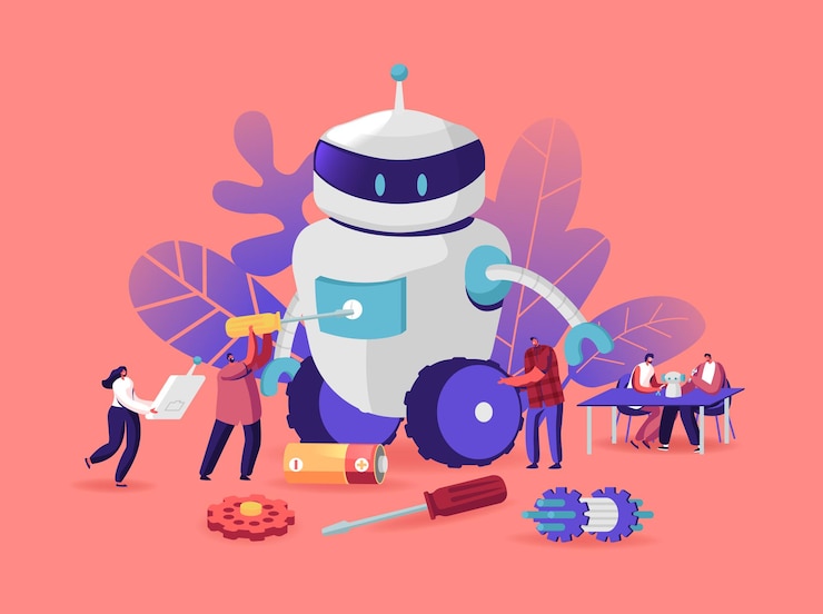 Vector proceso de creación de cyborg, robotics hobby. los personajes configuran un enorme robot. mujer con mando a distancia, hombre con destornillador. tecnología de ensamblaje de inteligencia artificial. ilustración de vector de gente de dibujos animados