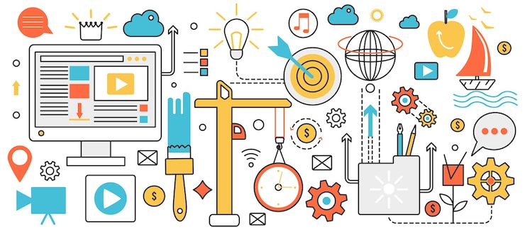 Vector proceso de creación de diseño tecnología desarrollo de proyectos plataforma de construcción abstracta