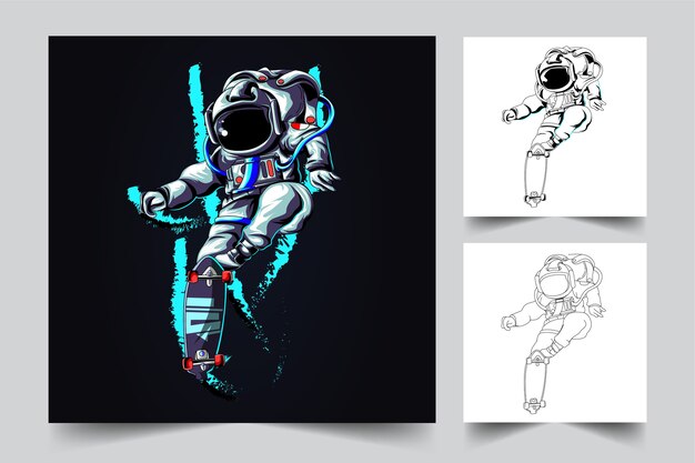 El proceso de creación de un logotipo de longboard de astronauta.