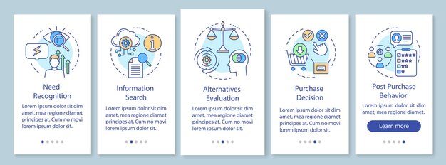 Proceso de decisión de compra que incorpora la pantalla de la página de la aplicación móvil con conceptos lineales. Evaluación de elementos paso a paso instrucciones gráficas. UX, UI, plantilla de vector de GUI con ilustraciones