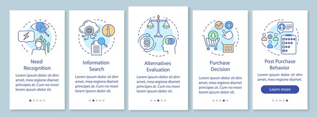 Proceso de decisión de compra que incorpora la pantalla de la página de la aplicación móvil con conceptos lineales. evaluación de elementos paso a paso instrucciones gráficas. ux, ui, plantilla de vector de gui con ilustraciones