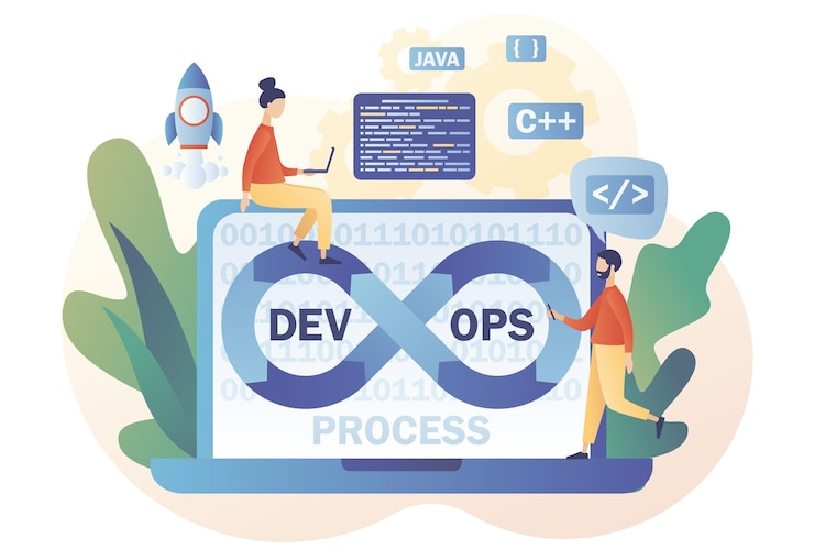 Vector proceso devops en la computadora portátil. pequeños programadores practican operaciones de desarrollo y software.