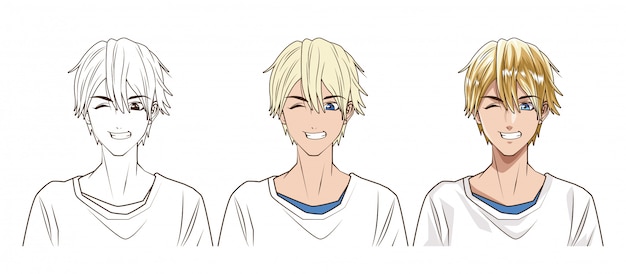 Proceso de dibujo del diseño del ejemplo del vector del carácter del estilo  del anime del hombre joven | Vector Premium