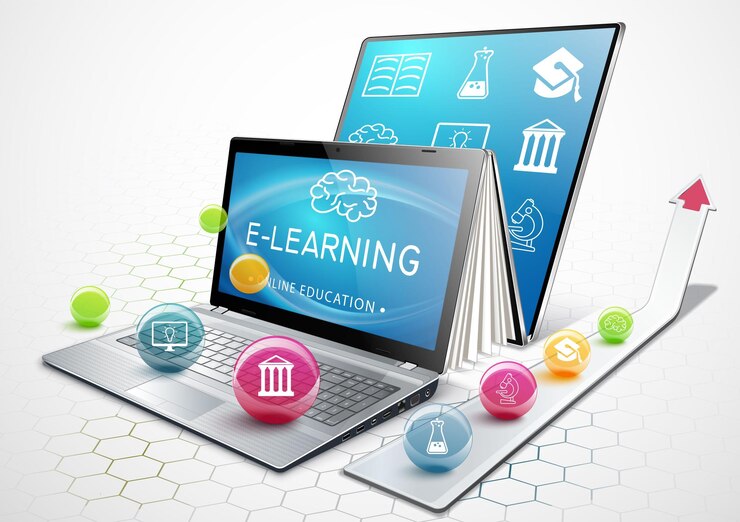 Vector el proceso de educación la computadora portátil como un libro electrónico educación en línea el concepto de aprendizaje