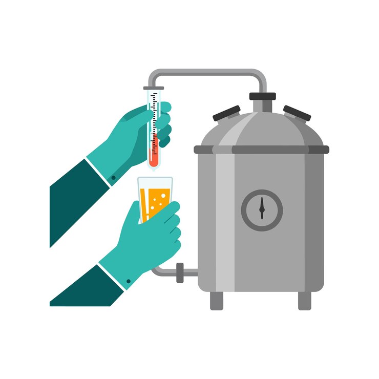 Vector proceso de elaboración de cerveza con las manos sosteniendo el tubo de ensayo y el vidrio para la producción artesanal de cerveza ilustración vectorial