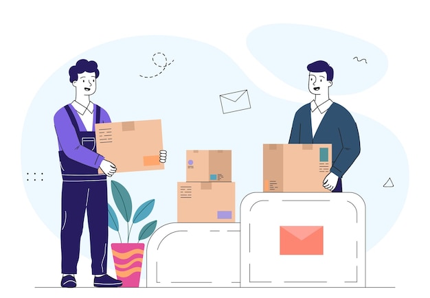 Proceso de embalaje de paquetes Hombres con cajas de cartón Envío, entrega y transporte Logística y distribución Trabajadores de almacén Ilustración vectorial lineal