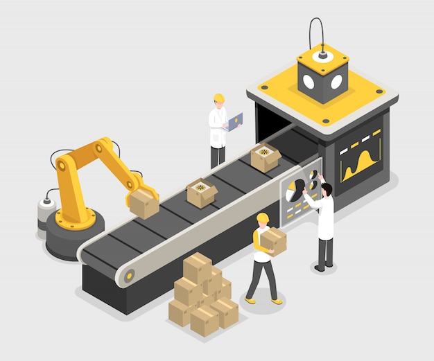 Proceso de envasado autónomo, etapa de montaje final. Cajas de apilamiento de tecnología robótica.